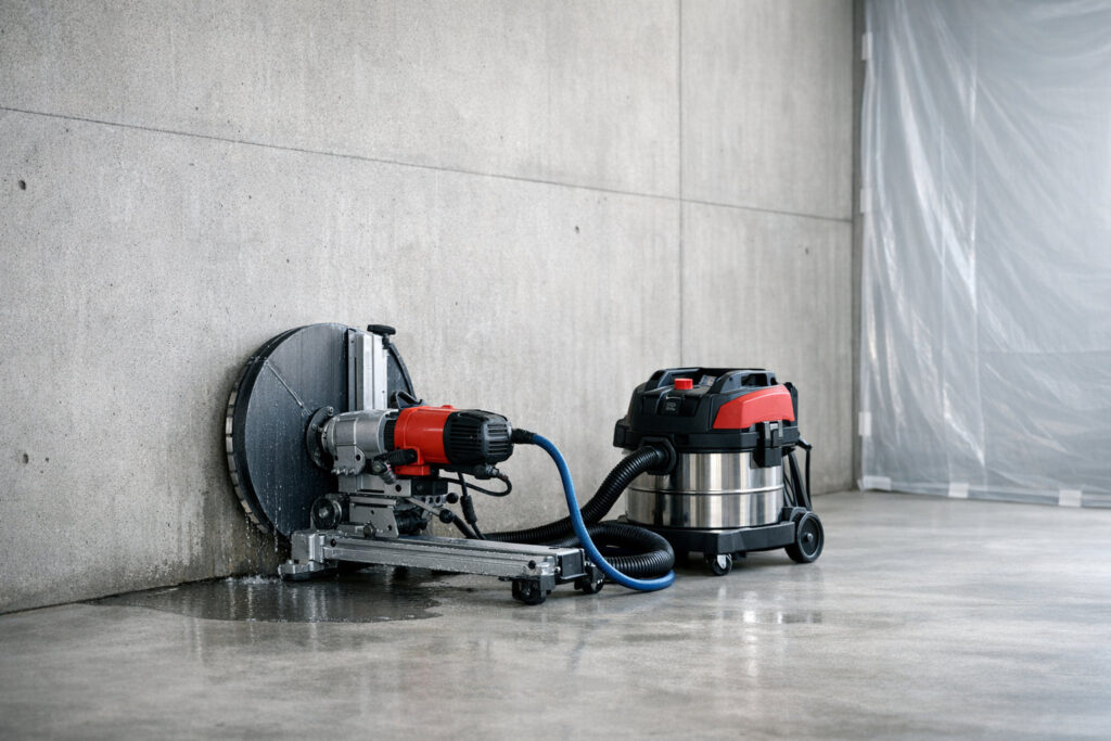 Sådan reduceres støj og støv ved skæring og boring i beton